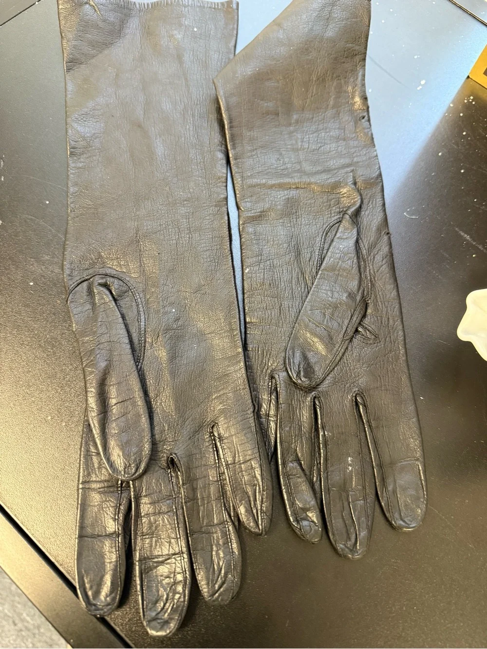 Vintage Black Leather Evening Women's Gloves w/ intricate floral cut-out design